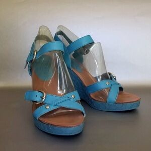 COACH Elize C Logo Leather Wedge Sandals